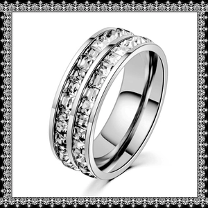 Macro shot of double row channel set square cut cubic zirconia on titanium steel ring