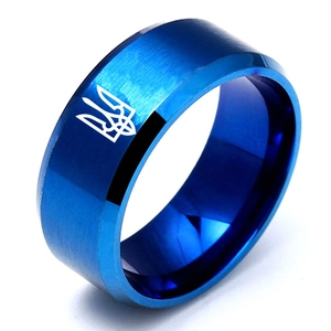 Blauer Ring aus gebürstetem Edelstahl mit weißem Dreizack-Emblem Nationalsymbol