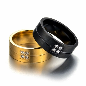 Men's titanium steel rings in gold and black with brushed finish and zircon inlay