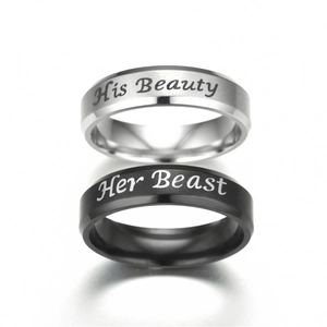 His Beauty Her Beast Stainless Steel Couple Rings Set Polished Black Silver Inscribed Band Rings For Wedding Valentine Lovers Gift