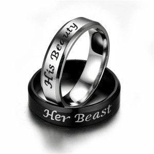 Her Beast and His Beauty stainless steel couple rings set with black and silver finish