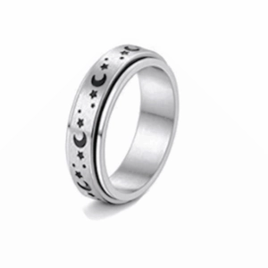Silver stainless steel spinner ring with black star and moon patterns for anxiety relief