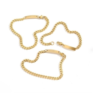 Three gold stainless steel curb chain bracelets with smooth ID plates and lobster clasps
