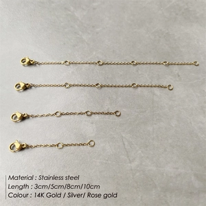 Detailed view of gold stainless steel extension chains in 3cm, 5cm, 8cm, and 10cm lengths