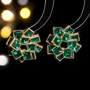 Green zircon flower stud earrings with emerald square crystals and gold finish