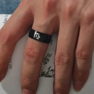 Matte black stainless steel Virgo zodiac ring for men with silver engraved constellation symbol