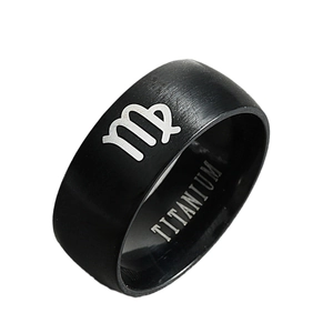 Brushed black titanium Virgo zodiac ring with silver constellation symbol for men and women
