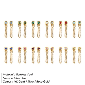 Set di dodici orecchini a nappa colorati in acciaio dorato 14K con zirconi da 3mm