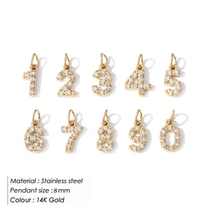 Goldene Edelstahl-Zahlenanhänger 0-9 mit weißen Zirkonia im Micro-Pave-Stil besetzt