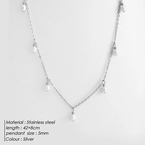 Silver stainless steel necklace with white pearl pendants, 42+8cm chain length
