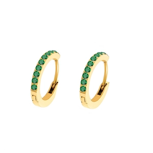 Close-up of gold stainless steel hoop earrings featuring emerald green round crystals