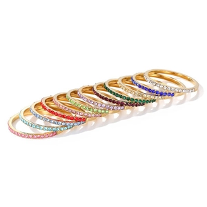 Rainbow thin stackable ring set with multi-color rhinestones in 14K gold plating