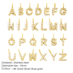 Golden stainless steel A-Z initial charms with inlaid pearls for DIY jewelry making