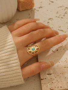 Dettaglio dell'anello in acciaio inossidabile placcato oro 18k con pietra turchese al dito