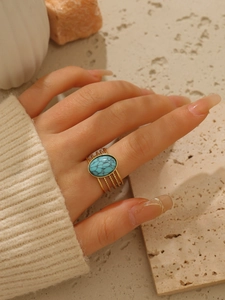 Dettaglio dell'anello placcato oro 18k con pietra turchese e fascia multistrato sottile
