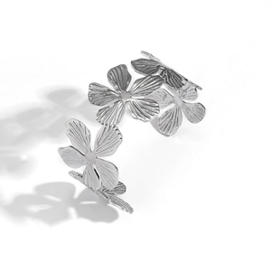 Elegant silver flower open bangle with 18k gold plated stainless steel floral design