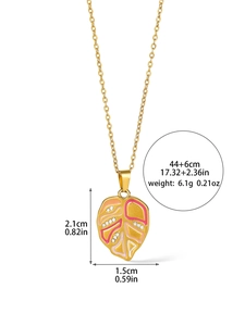 Detailed view showing dimensions of golden flower leaf pendant with colorful enamel