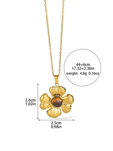 Detail showing dimensions of gold flower pendant necklace with tiger eye stone inlay