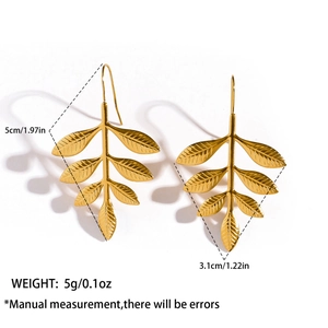 Detail showing dimensions of gold leaf dangle earrings with 5cm length and 3.1cm width