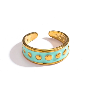 Bague ajustable en acier inoxydable plaqué or 18k avec émail vert menthe et pois dorés