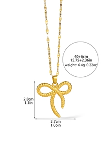 Detailed size specifications for gold bow pendant necklace showing length and weight