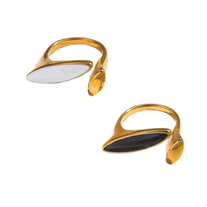 Minimalistische 18k vergulde roestvrijstalen open ring met zwart-wit emaille detail