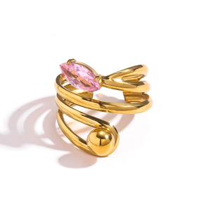Bague ajustable plaqué or 18 carats multicouche avec pierre naturelle marquise rose