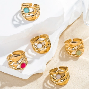 French Vintage 316 Stainless Steel Natural Stone Open Ring For Women Gold Plated Waterproof Hypoallergenic Irregular Hollow Finger Ring Jewelry