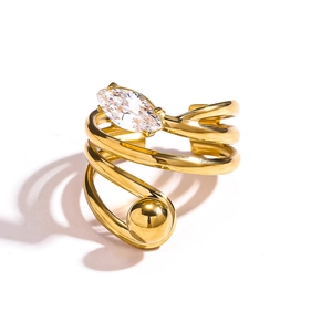 Bague spirale ajustable en acier doré 18k avec pierre marquise et perle métallique