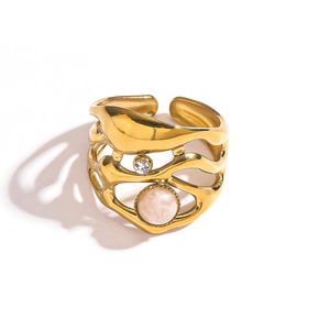 French vintage stainless steel gold ring with pink natural stone and zirconia accents