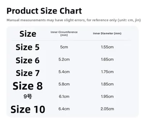 Detailed size chart for gold rings showing inner circumference and diameter from sizes 5 to 10