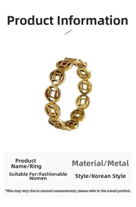 Detailed product specifications for the golden coin ring with metal material and Korean style