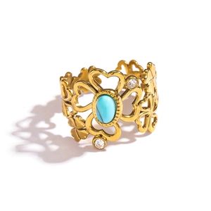 Vintage gold stainless steel open ring with heart patterns and blue turquoise stone