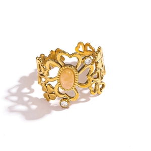 Golden stainless steel adjustable open ring featuring four-leaf clover and pink natural stone