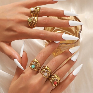 French vintage style stainless steel ring set with natural stones and gold plating