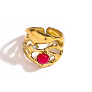 Vintage gold stainless steel open ring featuring a red gemstone and irregular design