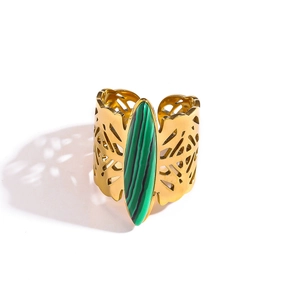Boheemse 18k vergulde roestvrijstalen open ring met groene malachiet edelsteen