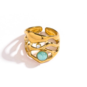 French vintage gold stainless steel open ring with turquoise stone and crystal