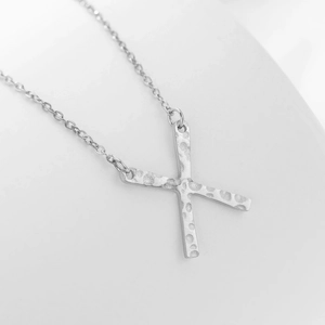 Minimalist stainless steel X letter pendant necklace with hammered texture finish