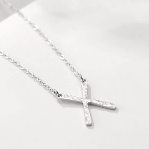 Silver stainless steel X pendant necklace with hammered texture finish for women