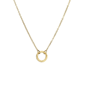 Minimalist gold stainless steel necklace with hammered round pendant on flat white background