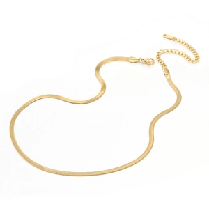 Detailed close-up of gold-plated stainless steel snake chain necklace with lobster clasp