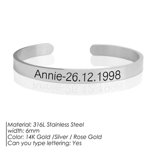 Vue détaillée du bracelet ouvert en acier inoxydable 316L de 6mm avec gravure personnalisée