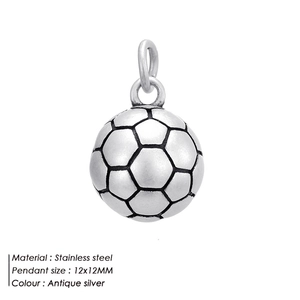 Pendentif ballon de football 3D en acier inoxydable argent antique avec anneau, 12x12mm