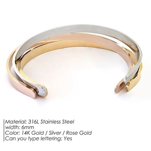 Bracelet jonc minimaliste 6mm en acier inoxydable 316L coloris or argent et or rose poli