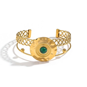 Bracelet jonc doré double couche style bohème avec pierre naturelle verte et texture