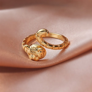 18K gold plated tiger head open ring with adjustable snake bone band for women