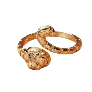 18K gold plated tiger head adjustable open ring with intricate engraved details