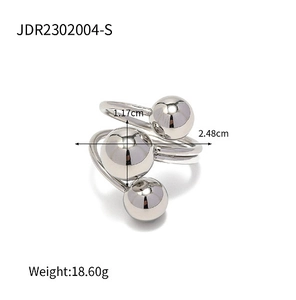 Detail view of silver open ring with three spherical beads and measurement specs