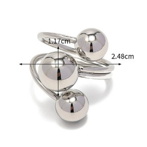 Polished silver spherical open ring with three staggered beads and dimensional measurements